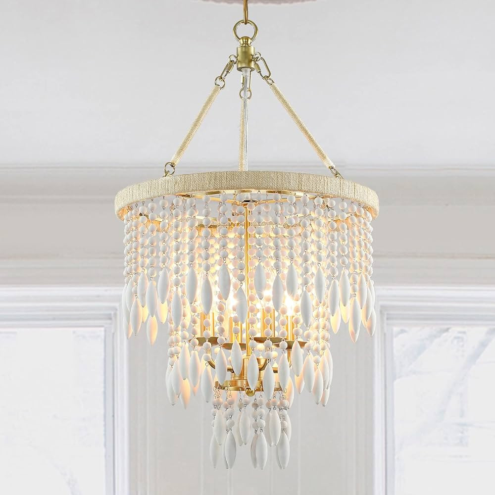 Boho White Wood Bead Chandelier,4-Lihgt Coastal Beaded Chandeliers,Hemp Rope Mordern Farmhouse Ch... | Amazon (US)