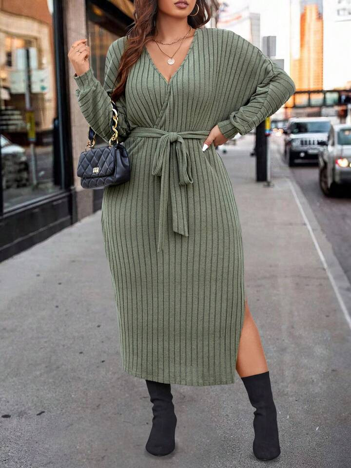 SHEIN Essnce Plus Split Thigh Belted Dress | SHEIN