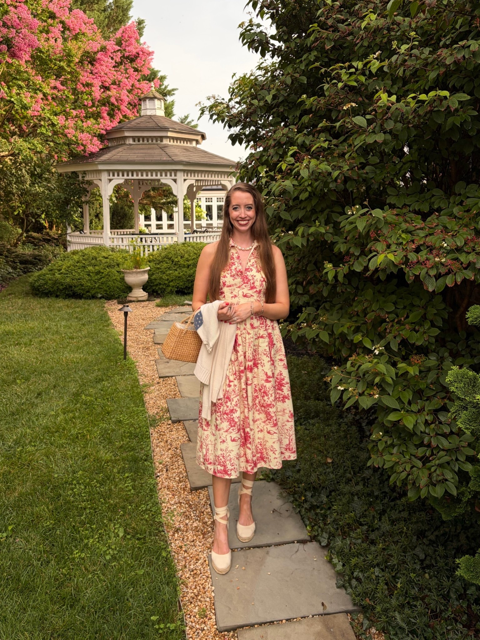 The most beautiful red toile halter midi dress 😍 it runs a little bit large, I got my true size small but could’ve sized down, it’s smocked in the back. 
Also linking my lace up espadrille wedges along with some similar options!
Summer outfit 
Raffia bag
Preppy outfit

#LTKSeasonal #LTKSaleAlert