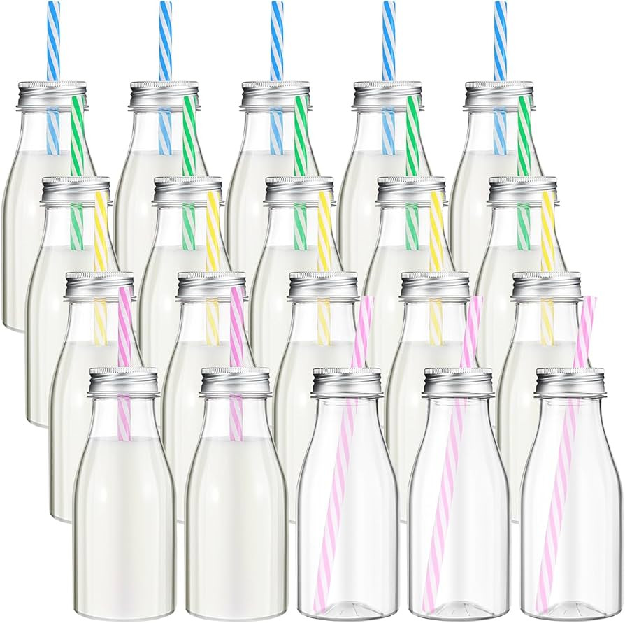 Yinkin 20 Set Plastic Milk Bottles with Straws Metal Lids Clear Plastic Containers for Dairy Milk... | Amazon (US)