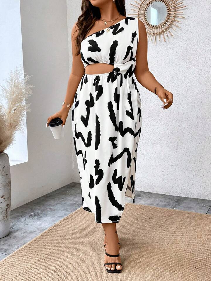 SHEIN Privé Plus Allover Print One Shoulder Cut Out Dress | SHEIN