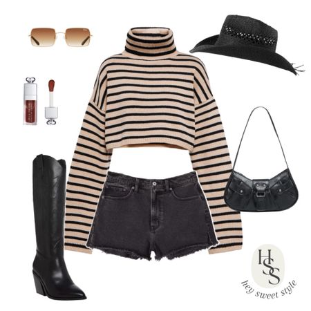 Fall Nashville Outfit: Striped cropped turtleneck, black denim shorts, tall black cowgirl boots 🌾🖤

#LTKSeasonal #LTKstyletip #LTKunder100