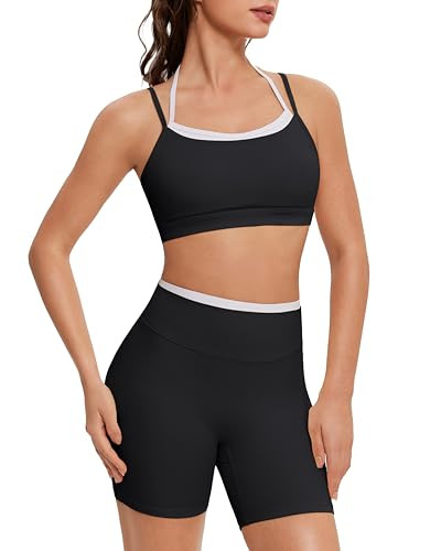 OMKAGI Workout Sets for Women Cute Doubel Layer Open Back Sports Bras Gym Shorts Outfits(L,531-Black) | Amazon (US)