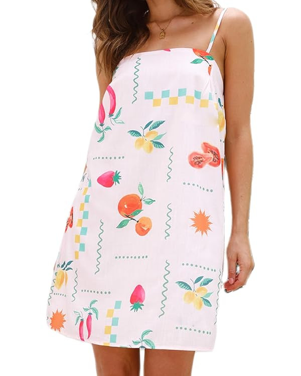 NUFIWI Women Boho Graffiti Cami Mini Dress Spaghetti Strap Printed A Line Short Dress Backless Cu... | Amazon (US)