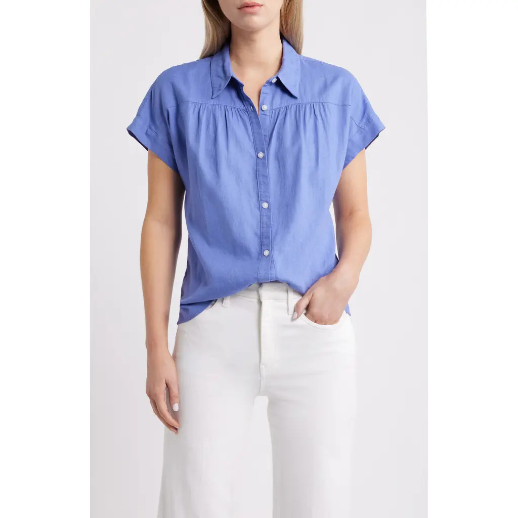 caslon(r) Short Sleeve Linen Blend Button-Up Shirt in Blue Denim at Nordstrom, Size Xx-Small | Nordstrom