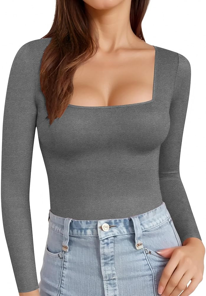 MANGOPOP Womens Square Neck T Shirts Short Sleeve Long Sleeve Tops Fitted Tees | Amazon (US)