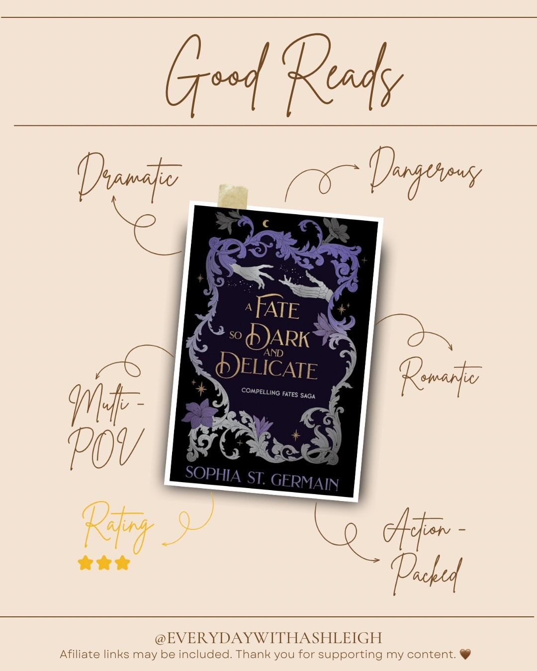 A Fate So Dark and Delicate by Sophia St. Germain is book 4 in the Compelling Fates Saga. Honestly, I was kind of bummed by this ending. I loved books 1–3, but sadly, book 4 fell flat for me. Overall, I still enjoyed the series and am glad I read it!

Book rating: ⭐️⭐️⭐️

#LTKdayinmylife #LTKHome #LTKstorytime