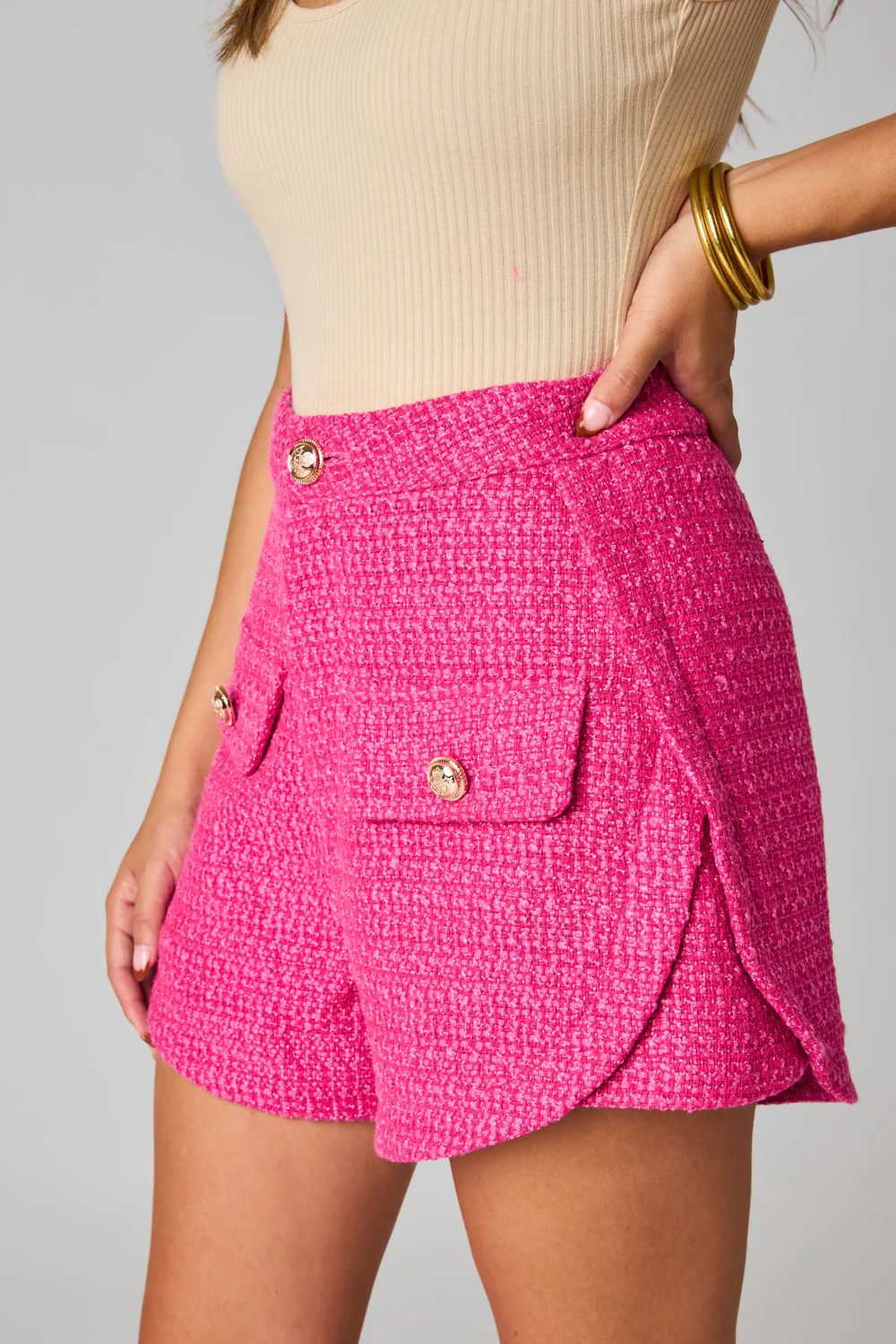BuddyLove | Mae Tweed High-Waisted Shorts | Hot Pink | BuddyLove