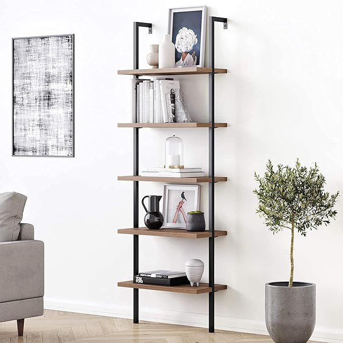 Nathan James Theo 5-Shelf Oak Wood Modern Bookcase, Open Wall Mount Ladder Bookshelf with Industr... | Amazon (US)