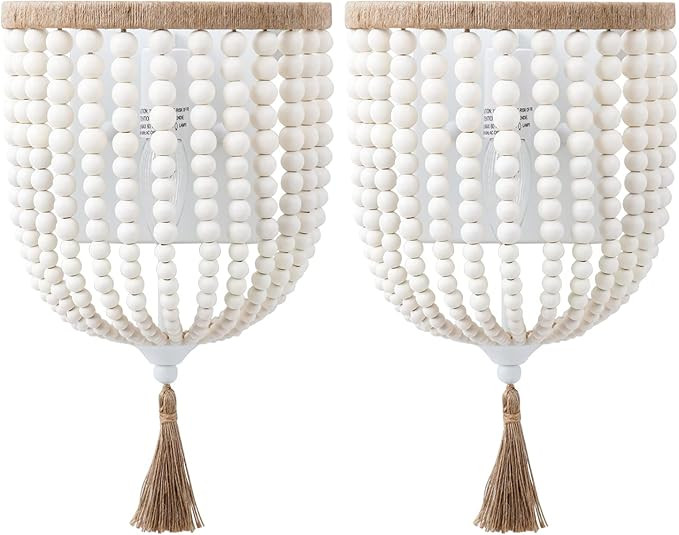 VILUXY Bohemia Wood Beaded Wall Sconces Bedside Antique Rustic Wall Sconce Lighting Fixture White... | Amazon (US)