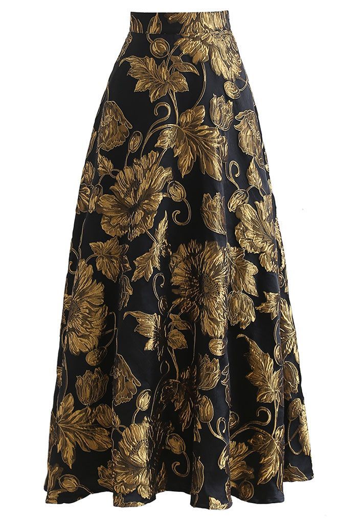 Golden Bouquet Jacquard Embossed Maxi Skirt | Chicwish