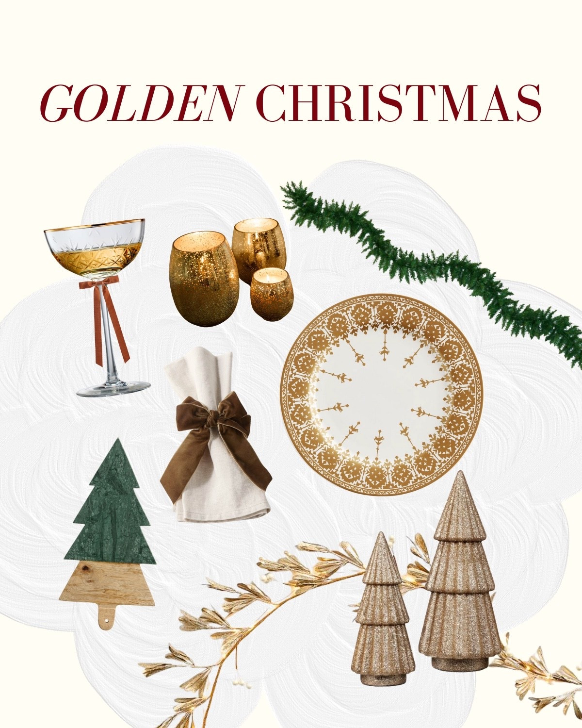 A classy, elevated Christmas vibe for holiday hosting and photo shoots! Including gold rimmed glassware, tree shaped serving platters, and decorative trees. 

#LTKSeasonal #LTKGiftGuide #LTKHoliday