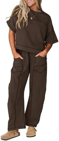 Women's Two Piece Sets Short Sleeve Crew Neck Tops Barrel Leg Sweatpants Lounge Matching Sets Tra... | Amazon (US)