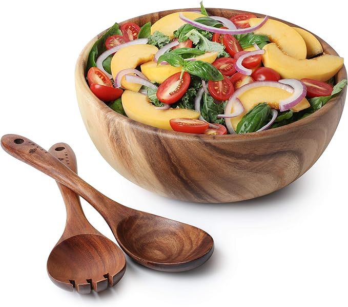 Acacia Wood Salad Bowl with Servers Set - Large 9.4 inches Solid Hardwood Salad Wooden Bowl with ... | Amazon (US)