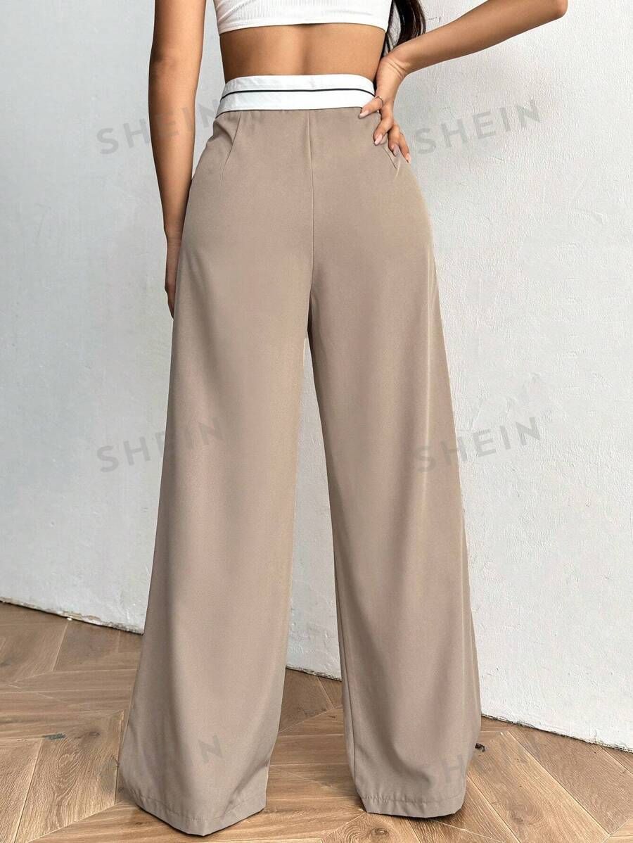 SHEIN EZwear Contrast Color Pocket Casual Suit Wide-Leg Pants | SHEIN