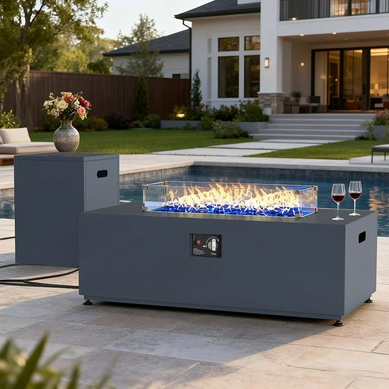 LayinSun 42 Inch Outdoor Fire Pit Table for Outside Patio, 55000BTU Rectangle Propane Firepit wit... | Walmart (US)