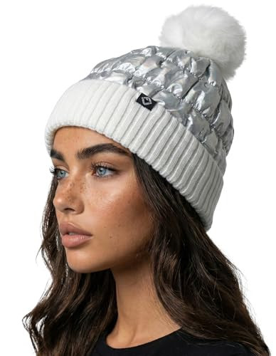 Funky Junque Women’s Puffer Beanie – Trendy Waterproof Winter Hat for Women, Fleece Lined Pom Beanie, Stylish Faux Fur Pom, Cozy Fashion Accessory - White/Silver | Amazon (US)