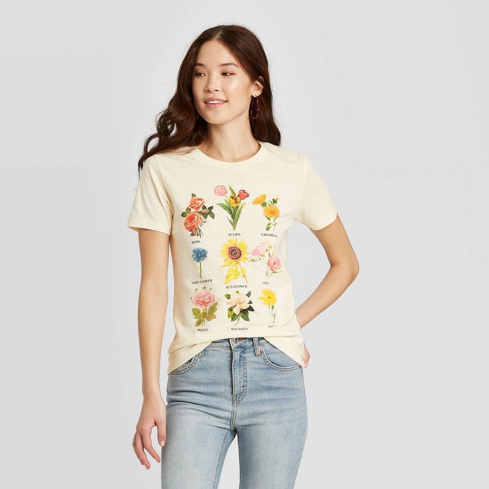 Women's Botanical Flowers Short Sleeve Graphic T-Shirt - Fifth Sun (Juniors') - Beige XL | Target