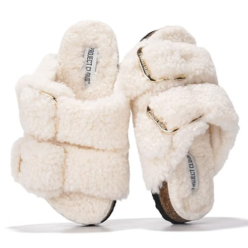 Project Cloud Fur Kids Sandals with Adjustable Buckle – Natural Cork Footbed Slides Sandals for Girls w/Memory Foam – Non Slip Slide Sandals (SantoriniKid,OFFW,3) | Amazon (US)