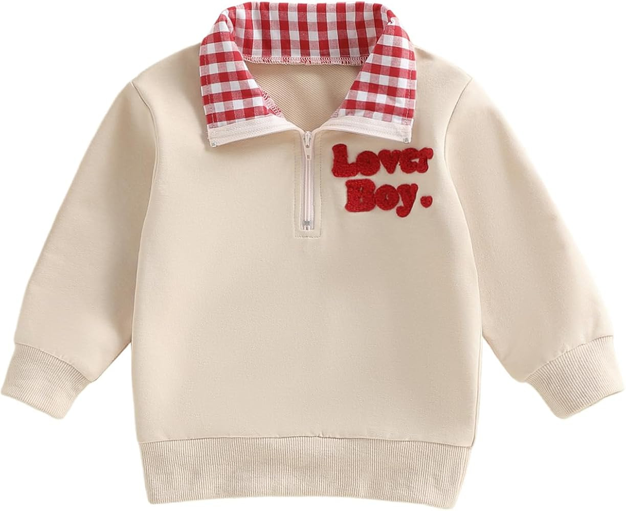 Toddler Boy Girl Valentines Day Outfit Heart Embroidery Sweatshirt Lapel Neck Pullover Shirt Top ... | Amazon (US)