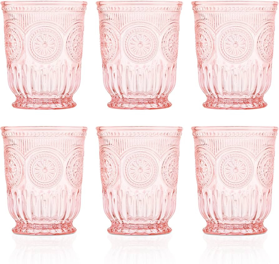 Pink Glass Cups set of 6 pink water glasses for lovers of vintage pink glassware with matching wi... | Amazon (US)