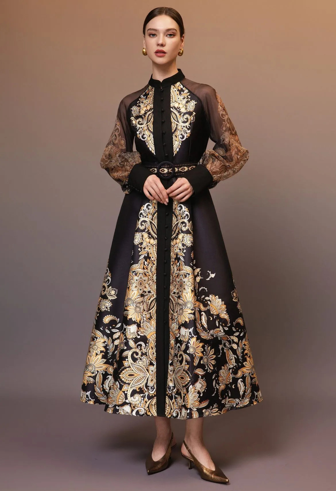 Noble Paisley Button-Up Belted Maxi Dress for Bohemian Festivals & Evening Occasions | Chicwish