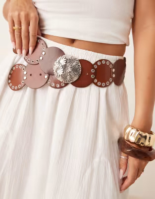 Mango retro studded leather disc belt in brown | ASOS | ASOS (Global)