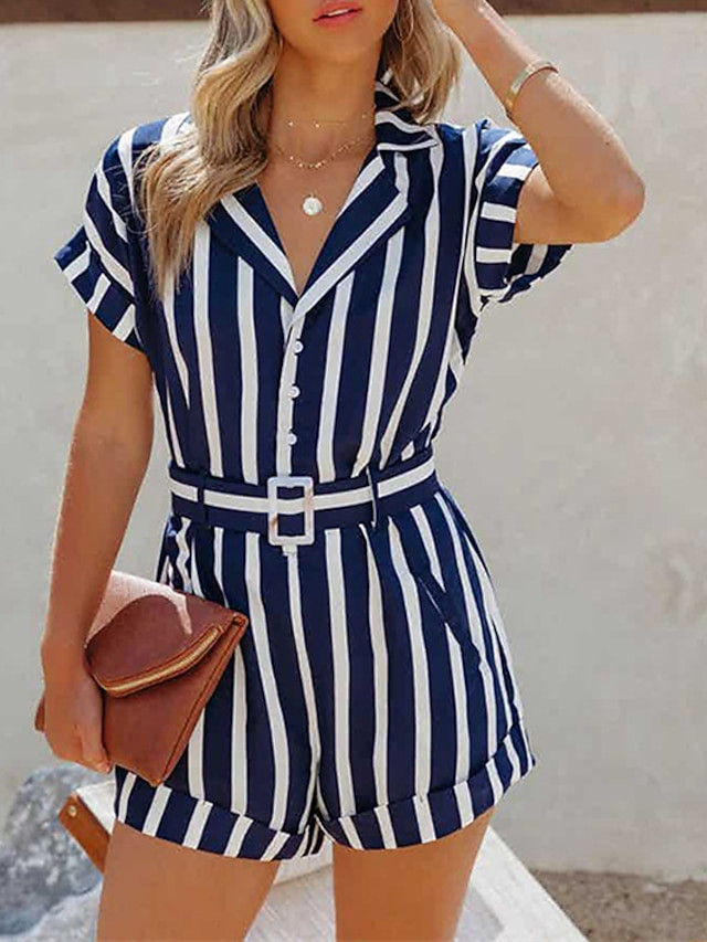 Women's Romper Lace up Button Striped Shirt Collar Streetwear Home Street Regular Fit Short Sleev... | Lightinthebox