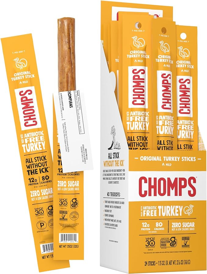Chomps Original Turkey Jerky Snack Sticks Keto Paleo Whole30 Approved Gluten Free 1.15oz (24 Pack... | Amazon (US)