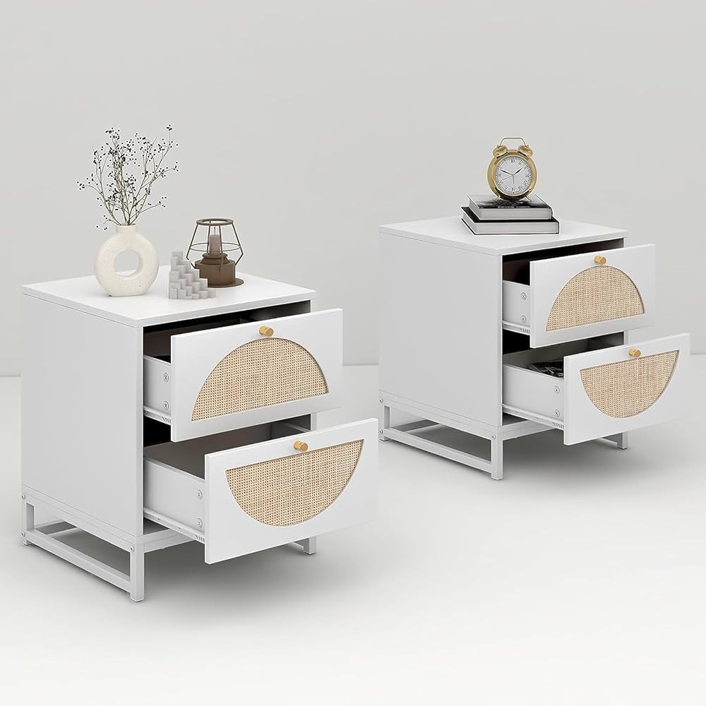 Rattan Nightstand with 2 Drawers, Wooden End Table Rattan Weaving Bedside Table Accent,Rustic Sid... | Amazon (US)