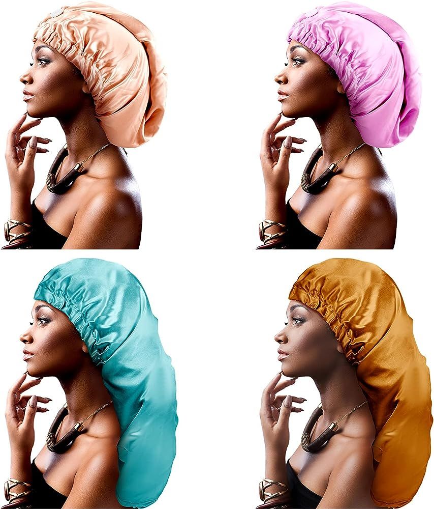 4 Pieces Extra Long Satin Sleep Bonnet for Women, Foldable with Button, Soft Elastic Band Silky C... | Amazon (US)