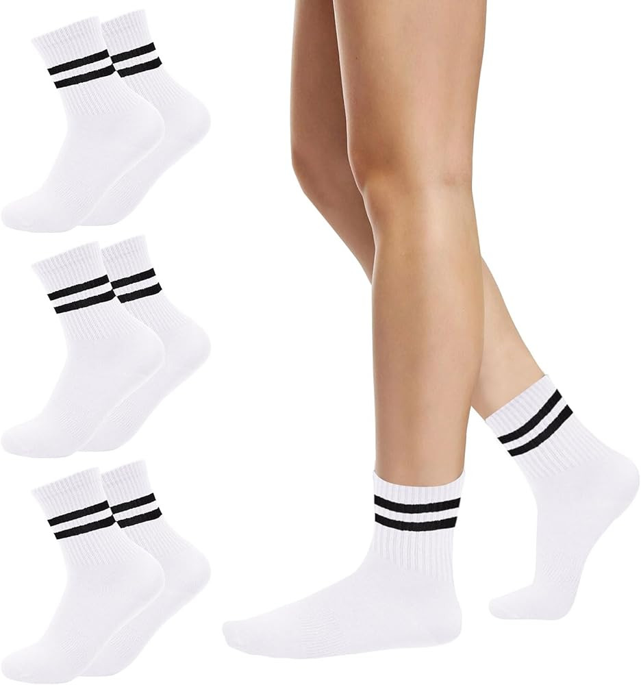 3 Pairs Solid Color Two Stripe Crew Socks Casual Athletic Socks Vintage Retro Running Cotton Sock... | Amazon (CA)