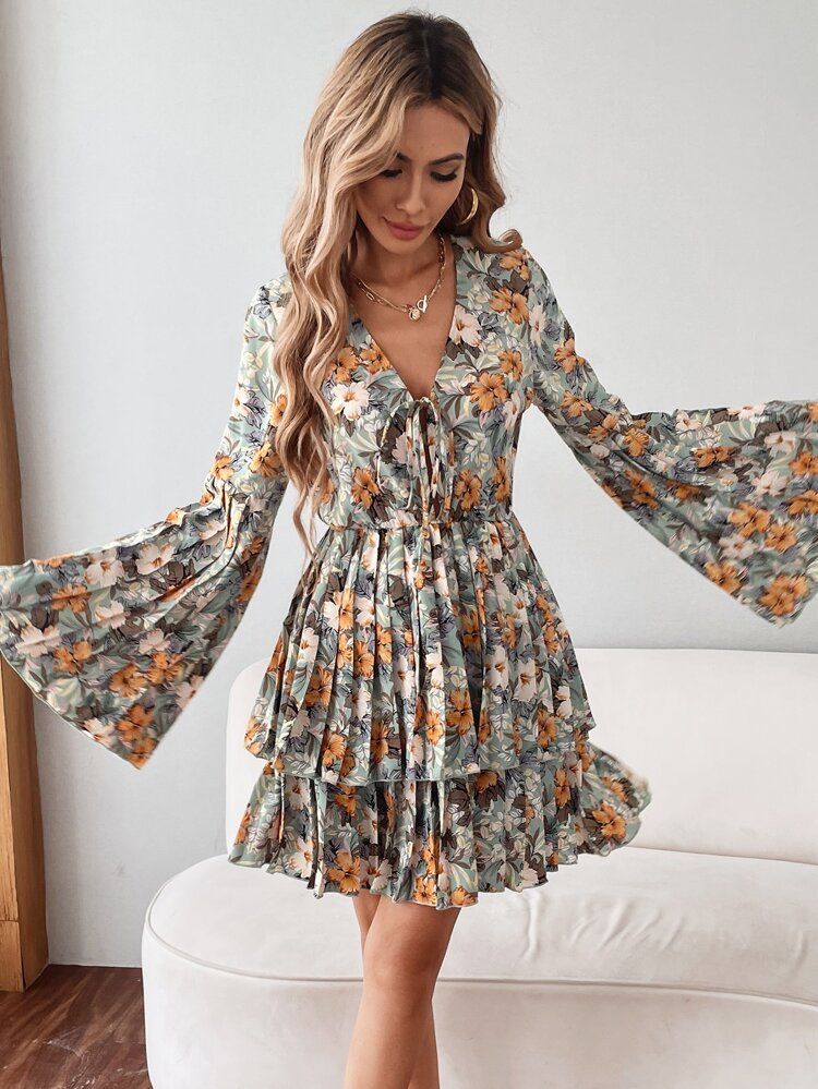 Allover Floral Knot Layered Pleated A-line Dress | SHEIN