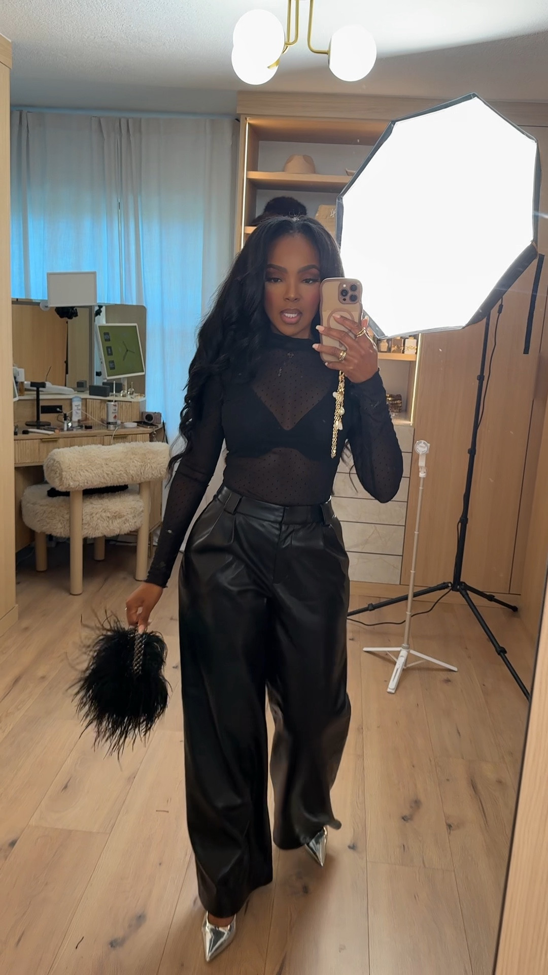 Elevated with an edge — pairing sheer textures with sleek faux-leather trousers for a night-out look that feels bold and polished.

Perfect for: dinner, girls’ night, holiday parties, date night

📏 Sizing: Small top  
Small pants  
Height — 5’4”  
138 lbs  
Bust — 34D  
Waist — 27”  
Hips — 40”

Shop instantly on the app.

Chic night-out outfits, faux leather trouser style ideas, all-black elevated looks, sheer top outfit inspiration.

Follow me on Instagram and YouTube @kirasfashionfinds

#LTKgrwm #LTKootd