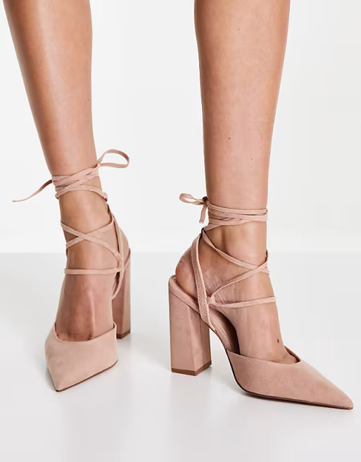 ASOS DESIGN Panda tie leg block heel shoes in taupe | ASOS (Global)