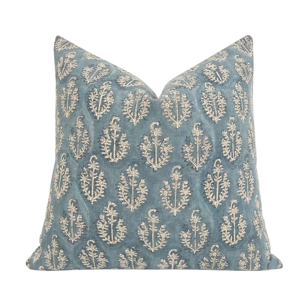 MILO Designer Floral Linen Pillow Cover, Blue Floral Pillow Cover, Block Print Pillow, Block Line... | Etsy (US)