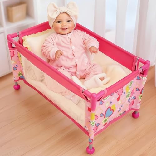 BABESIDE Baby Doll Crib for 18" Reborn Dolls,Baby Doll Bed with Storage Bag, Reborn Babydolls Accessories for Age 3+,Doll Crib Playpen for Kids Age 3+,Pink | Amazon (US)