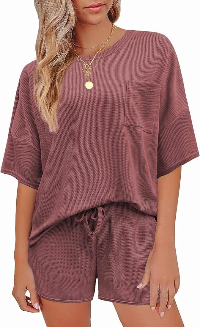 Andeip Pajamas Womens Waffle Knit Lounge Set Short Sleeve Top and Shorts 2 Piece Loungewear Outfi... | Amazon (US)