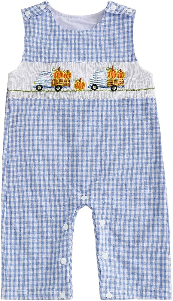 Infant Baby Boy Halloween Pumpkin Plaid Jumpsuit Sleeveless Gingham Romper One Piece Strap Overal... | Amazon (US)
