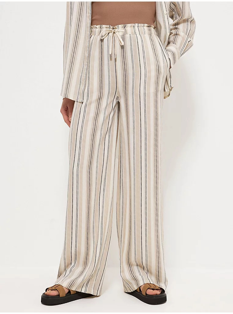 Taupe Striped Wide Leg Trousers with Linen | George