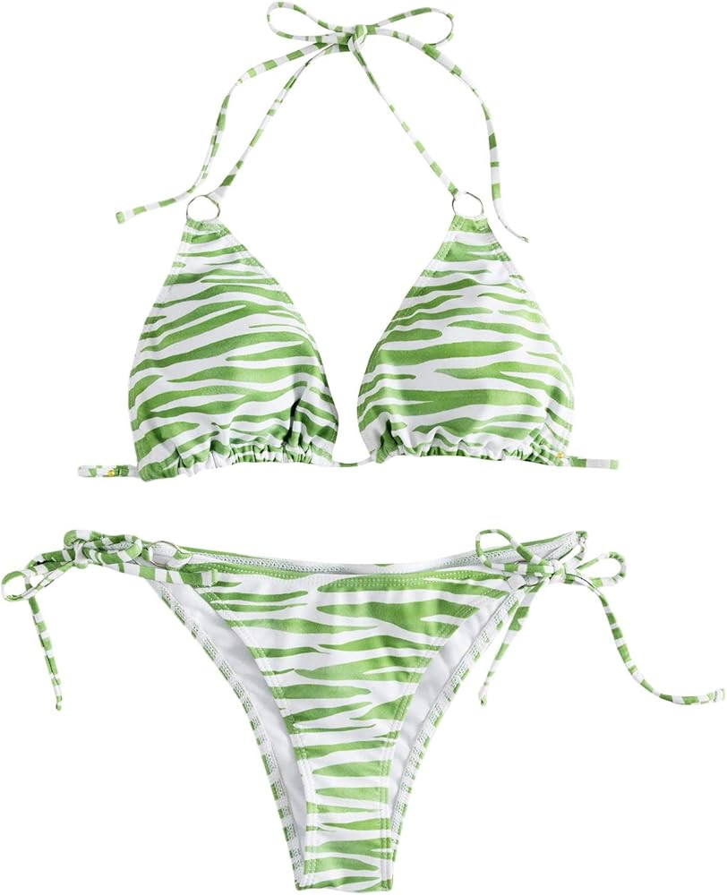 Amazon.com: SOLY HUX Women's Floral Print Halter Triangle Tie Side Bikini Set Two Piece Swimsuits... | Amazon (US)