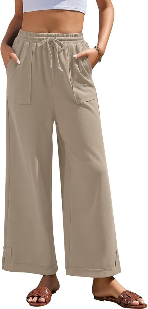 Womens Wide Leg Pants Baggy Palazzo Pants Casual Loose Drawstring Elastic Waisted Lounge Trousers... | Amazon (US)