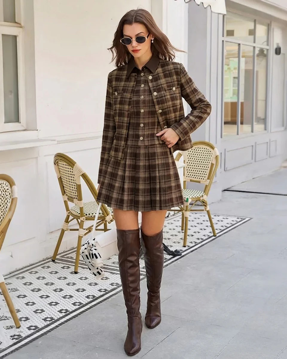 Brown Plaid Pleated Sleeveless Mini Dress | rihoas.com