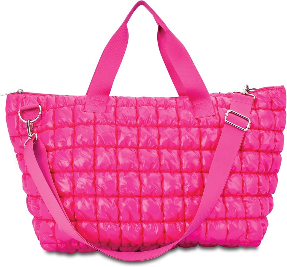 iscream 18" x 9.5" Shiny Quilted Puffer Travel Tote Bag with Dual Handles, Removable Adjustable S... | Amazon (US)