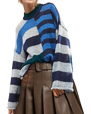 Womens Oversized Striped Sweaters Knit Fall Color Block Tops for Women Sweaters Pullover Clothes | Amazon (US)