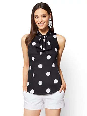 7th Avenue - Sleeveless Tie-Front Poplin Shirt - Polka-Dot Print | New York & Company