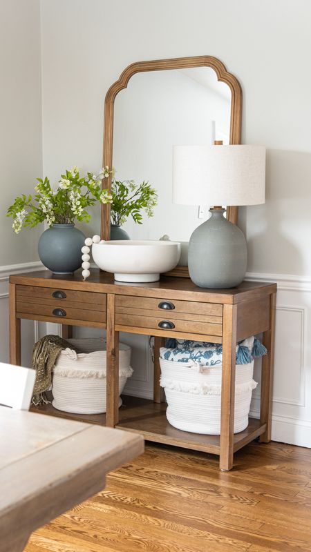 Dining room console table home, decor with oversized mirror, decorative beads, large bowl, lamps, storage baskets, and more coastal style home decor

#LTKhome #LTKfamily
