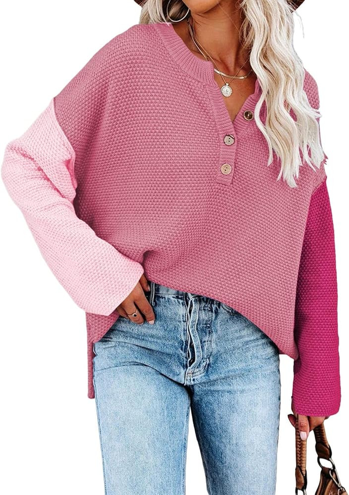 Pink Queen Women's V Neck Button Sweater Oversized Batwing Long Sleeve Henley Pullover Knit Jumpe... | Amazon (US)