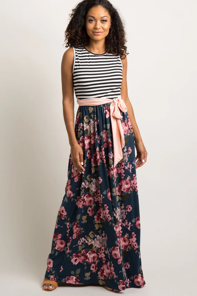Teal Floral Striped Sash Tie Maternity Maxi Dress | PinkBlush Maternity
