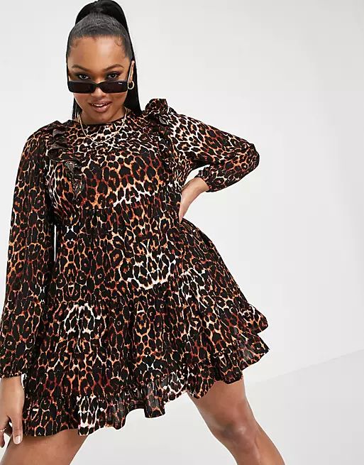 ASOS DESIGN Curve frill front long sleeve mini smock dress in leopard print | ASOS (Global)